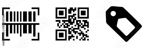 Three barcode and tag symbols isolated on transparent background, Vector