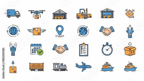 Logistics and Delivery Icons Set Transportation and Shipping Symbols.