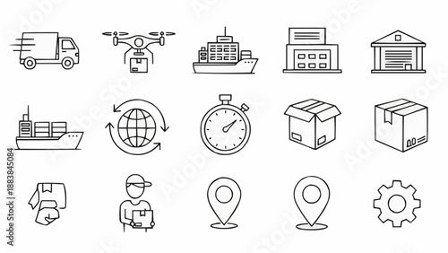 Logistics and delivery icons set with truck drone ship and package.