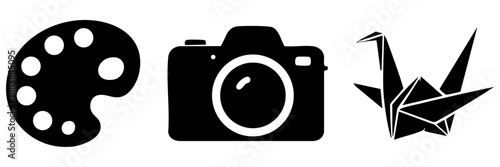 Creative tools: palette, camera, origami isolated on transparent background, Vector