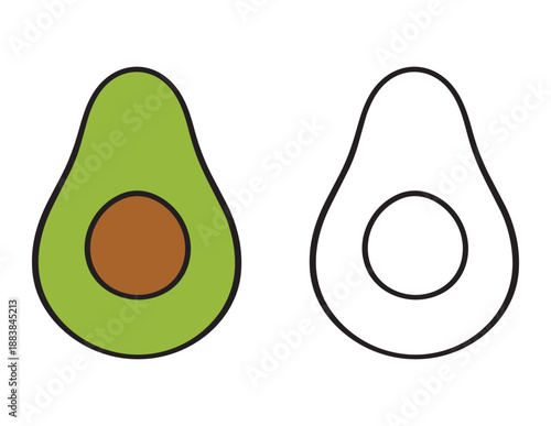 Avocado Coloring Sheet for Kids. Simple cartoon fruit with Colored Example and Outline for toddlers and preschoolers 