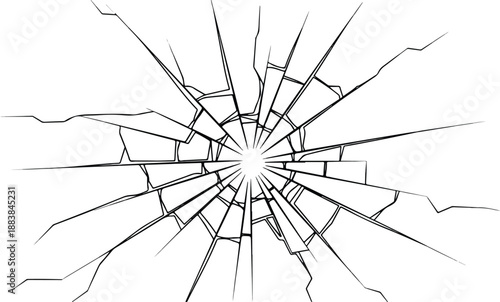 Abstract illustration of a forceful impact creating a radiant shattered glass effect with cracks