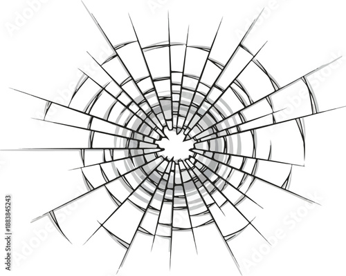 Detailed Vector Illustration of Shattered Glass with Radial Cracks Spreading from an Impact Point