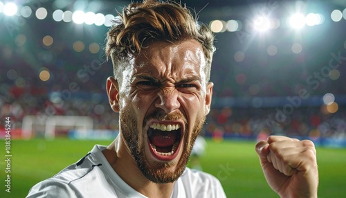 a soccer player shouting in celebration after a crucial moment, sweat and intensity showing raw emotion, passion, victory, determination, and competitive spirit in professional football