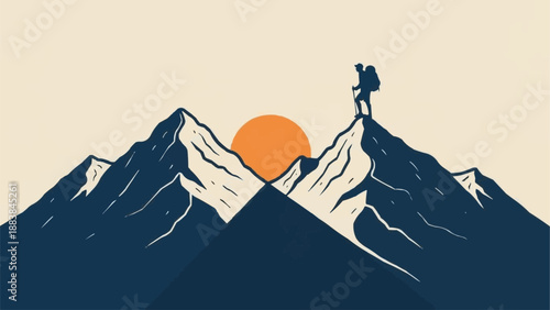 Lone Hiker Stands Atop Snowy Mountain Peak at Sunrise.