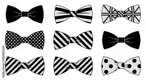 Black and White Bow Tie Vector Illustration Set Featuring Stylish Men’s Formal Neckwear with Classic Patterns