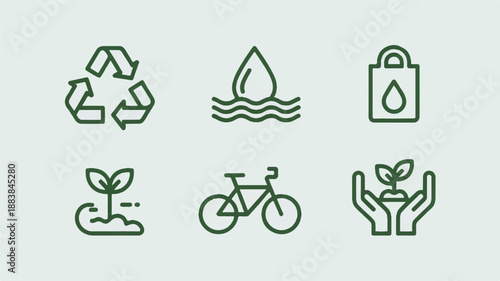 Eco-friendly vector icons for sustainability and environment, green on white. Leaf, recycle, plant, nature, energy.