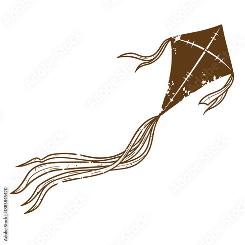 Drawing Vintage grunge  texture Brown kite flying in air with long tail and grunge effect  recreational outdoor toy