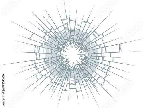 Vector illustration of a shattered glass effect with radial cracks spreading from a central impact point, symbolizing damage or impact