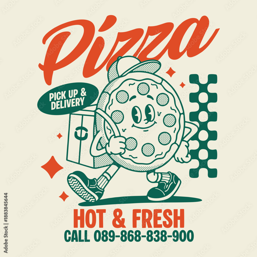 Fototapeta premium Vintage cartoon illustration of pizza vector t shirt design, vector graphic, typographic poster or tshirts street wear and Urban style