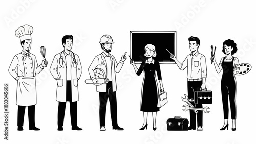 Diverse professions illustrated group of people with tools and symbols.