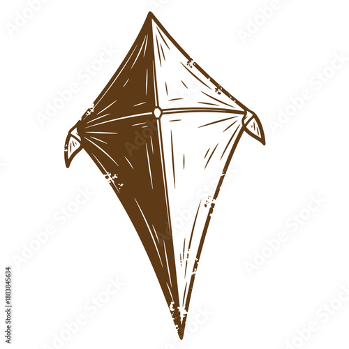 Drawing Vintage grunge  texture Brown kite flying toy with white lines and scratches on white background  outdoor recreational object
