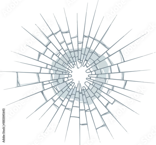 Detailed vector illustration of a shattered glass effect, showing radial cracks emanating from a central impact point, symbolizing damage and fragility