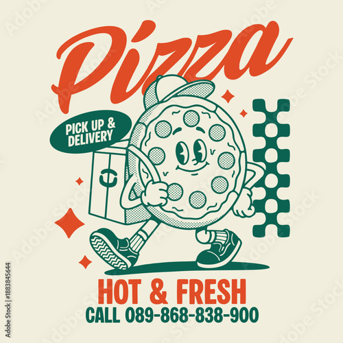 Vintage cartoon illustration of pizza vector t shirt design, vector graphic, typographic poster or tshirts street wear and Urban style