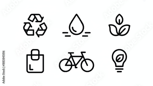 Vector icons representing environmentalism and conservation, purple on white. Leaf, recycle symbol, plant, earth.