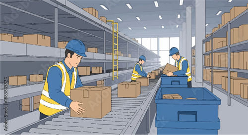 Logistics workers managing packages on a conveyor belt in a warehouse interior, illustrating efficient supply chain operations