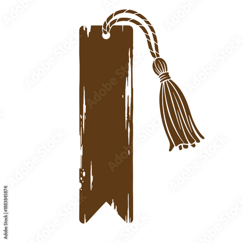 Drawing Vintage grunge  texture Brown ribbon bookmark with tassel on white background  simple elegant design element for reading and literature