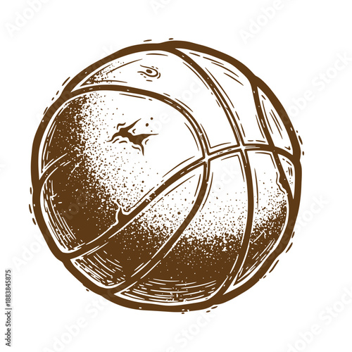 Drawing Vintage grunge  texture brown leather textured sports ball with panels and stitching isolated on white background