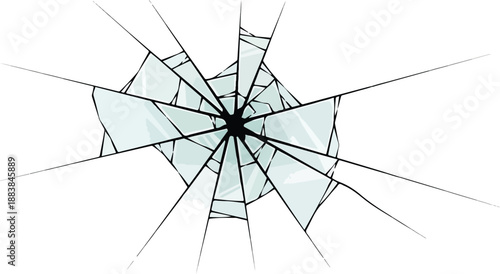 Dynamic illustration of broken glass, featuring sharp fragments and an intense impact point, symbolizing damage and fragility
