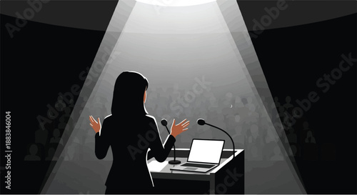 Dynamic speaker engaging an audience at a dark conference hall, illuminated by a spotlight, delivering an impactful presentation from a podium, embodying successful communication