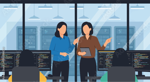 Female professionals lead technology training and mentorship sessions in a modern data center, fostering collaborative learning and software development skills