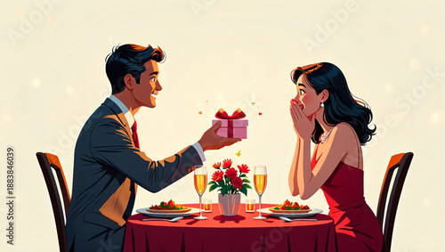 A gentleman presents a delightful gift to his surprised partner during a romantic dinner date