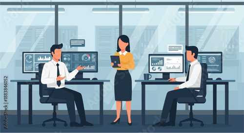 Business professionals analyze market data and financial reports in a modern office, collaborating on strategic decisions for improved efficiency