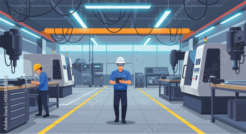 Modern industrial factory floor featuring skilled engineers and workers operating advanced CNC machinery for precision manufacturing and efficient production processes