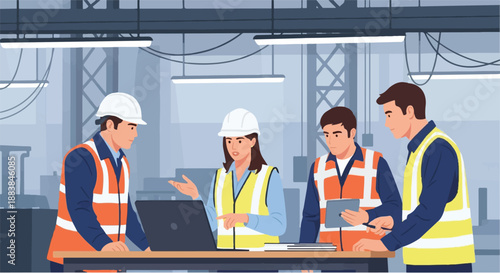 Professional industrial team in protective gear actively collaborating around a laptop, discussing project plans and operations within a contemporary factory environment