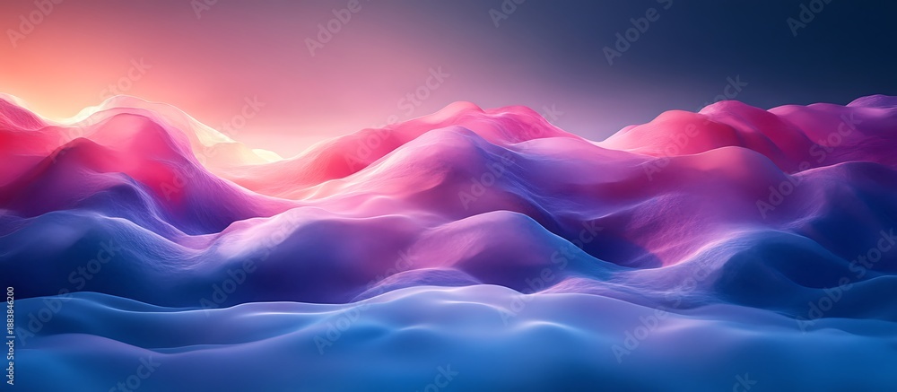 Obraz premium Surreal Landscape of Glowing Pink and Blue Wavy Forms at Sunset abstract