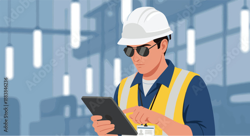 A construction worker in safety gear wearing sunglasses and using a tablet for work