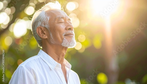 Senior man practicing deep breathing meditation in nature, symbolizing mindfulness, inner peace, mental health, active aging, wellness lifestyle, relaxation, and balanced healthy living