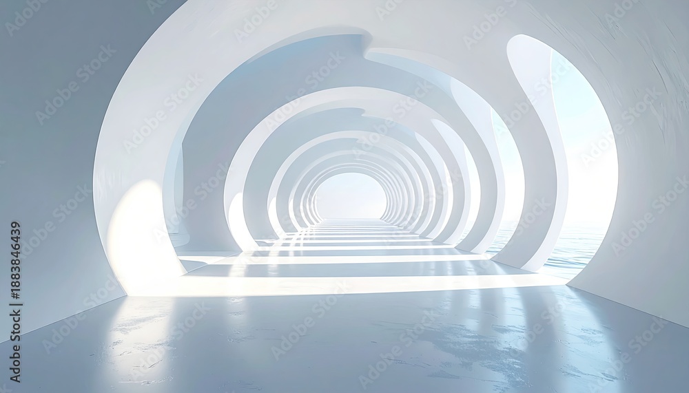 Obraz premium Futuristic, white, curved tunnel open to a bright horizon