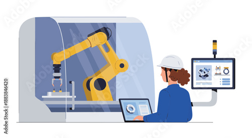 Industrial robot arm performing automated task on manufacturing production line with human operator overseeing process on computer monitor