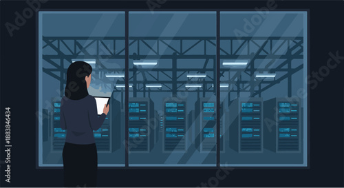 Female IT professional oversees secure data center operations, utilizing a tablet to monitor critical digital infrastructure and network management