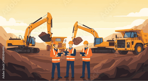Construction site with excavators and dump trucks, professionals discussing plans on a tablet