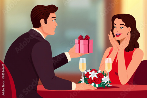 A thoughtful man surprising his partner with a special gift during a romantic dinner date
