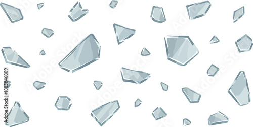 Abstract background with many scattered shards of broken glass reflecting light, creating a fragile and fragmented effect for various design projects