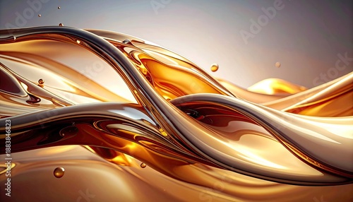 Abstract fluid, glossy golden shapes and droplets, flowing gracefully