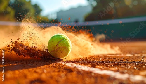 Tennis ball hitting clay court surface with dramatic dust explosion at golden hour, frozen motion and shallow depth of field, symbolizing power, speed, precision, competition, energy