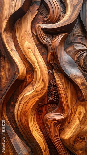 Intricate, swirling patterns and textures carved into rich wood
