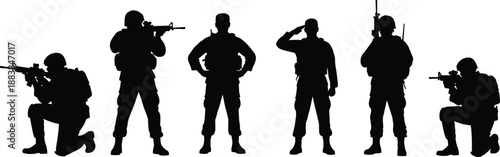 Collection, of, black, military, soldier, silhouettes, featuring, various, army, personnel, in, tactical, gear, holding, rifles, saluting, and, kneeling, for, defense.