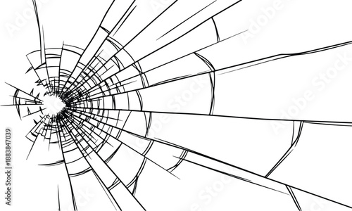 Shattered glass texture with a central impact point, radiating cracks on a white background, symbolizing damage or force