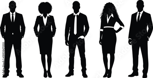 Collection, of, black, professional, business, people, silhouettes, featuring, diverse, men, and, women, in, formal, suits, for, corporate, leadership, and, teamwork.