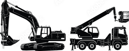 Collection, of, black, silhouettes, featuring, a, heavy, excavator, and, a, cherry, picker, truck, for, industrial, construction, maintenance, building, and, engineering, design.
