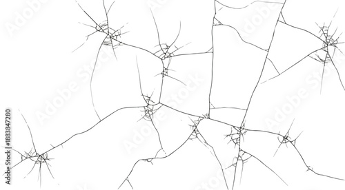Detailed pattern of intricate white cracks spreading across a transparent surface, illustrating fragility and damage in a graphic design context