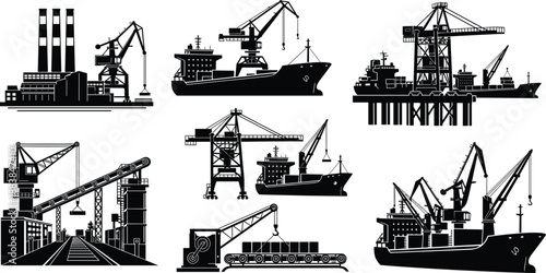 Collection, of, black, silhouettes, featuring, cargo, ships, port, cranes, freight, terminals, and, industrial, docks, for, maritime, logistics, shipping, and, trade, design.