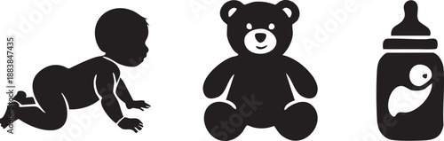 Baby, bear, and bottle isolated on transparent background, Vector