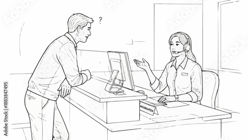 Man confused at reception desk asking for help from attendant.