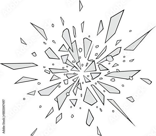 Dynamic illustration capturing the intense moment of glass shattering, exploding outwards in a burst of fragments